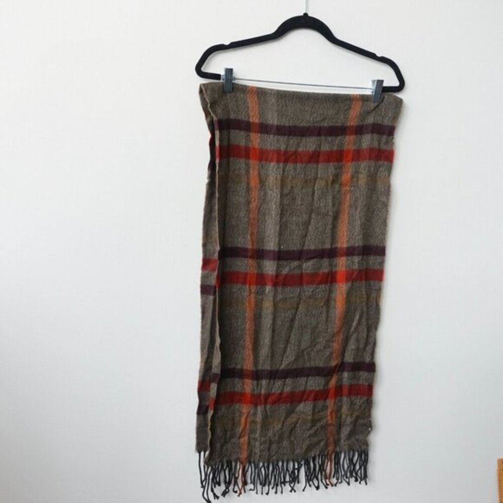 Brown Cashmere Scarf Gray Plaid Windowpane‎ Fringe Wrap Shawl Italian ITALIANO
